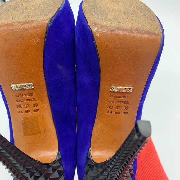 Schutz Ultra High Blue Suede Pumps Studded Heels - Picture 7 of 8